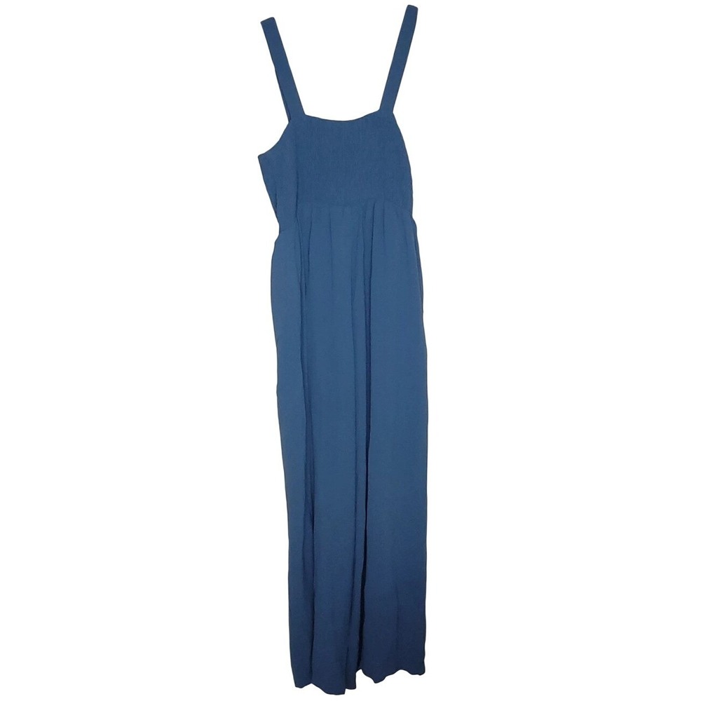 Sleeveless Smocked Women's Blue Wide-Leg Jumpsuit Size M Beachy Coastal
